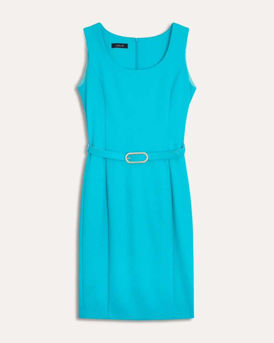 Vestido Entallado Turquesa Escote U Con Cinturón 