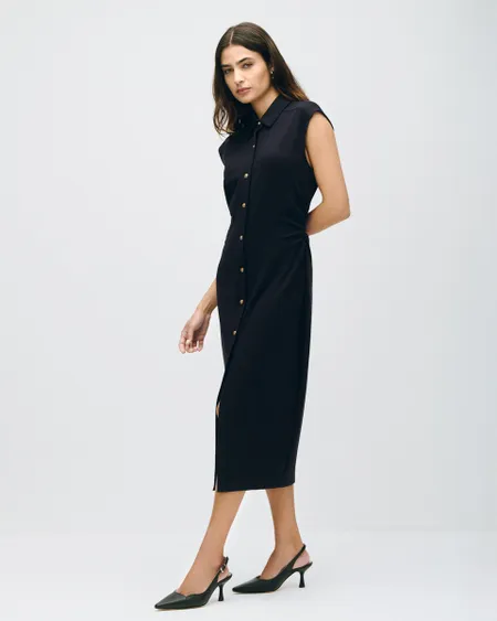 Vestido Camisero Midi Tejido De Punto Índigo Frunces En Costado