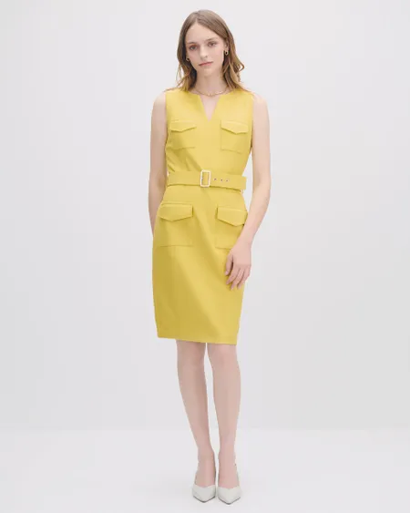 Vestido Entallado Amarillo Aceite Escote V Bolsillos Cartera