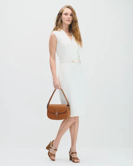 Vestido Entallado Natural Corte Francés Escote V Con Cinturón