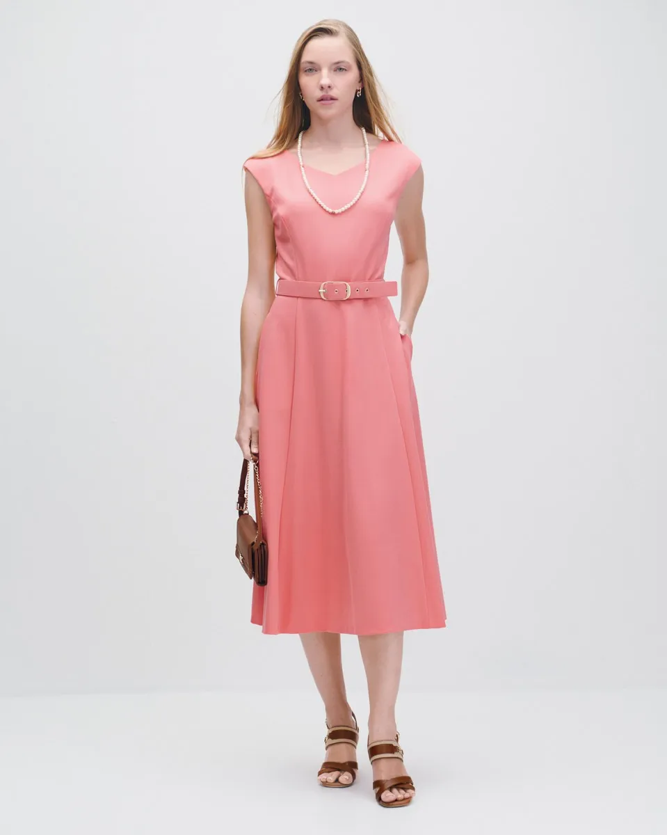 Vestido Midi De Punto  Coral Línea A Escote V Con Cinturón 