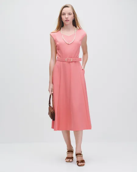 Vestido Midi De Punto Coral Línea A Escote V Con Cinturón