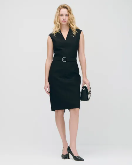 Vestido Negro Entallado Corte Francés Solapa Simulada Con Cinturón