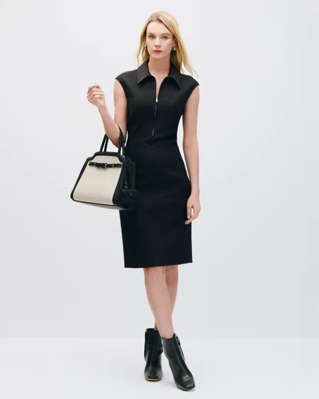 Vestido Negro Entallado Fraccionado Cuello Camisero Y Cierre