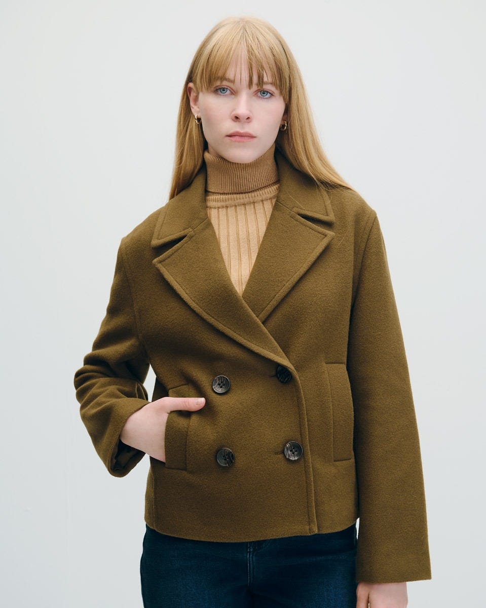 Abrigo Corto Cruzado De Lana Verde Olivo  