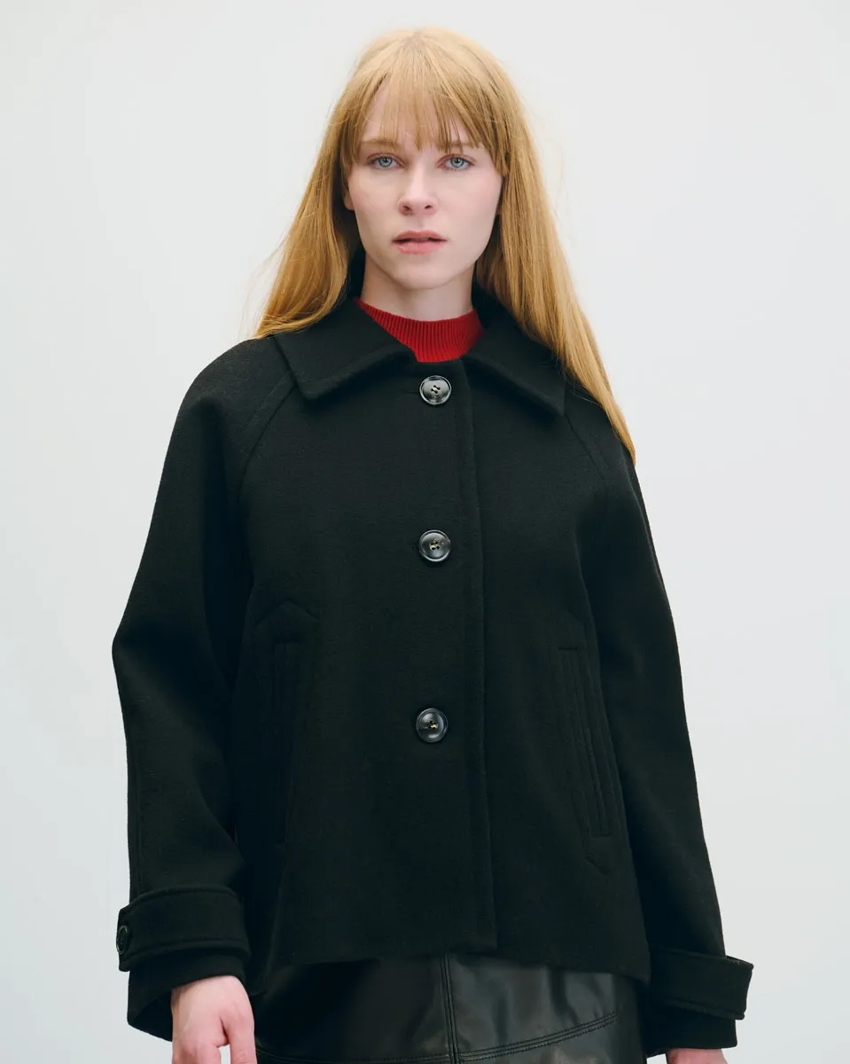 Abrigo De Lana Negro Manga Ranglan Con Charreteras 