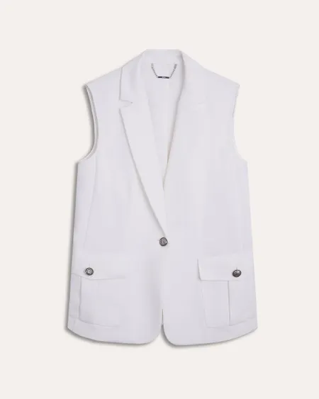 Chaleco Largo Blanco Efecto Corrugado Solapa Y Pinzas