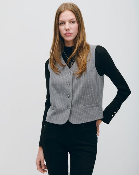 Chaleco Sastre Gris Oxford A Rayas Con Aplicaciones Brillantes