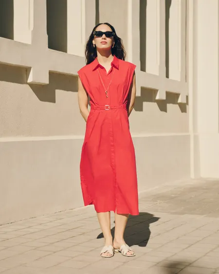 Vestido Camisero Midi Rojo Pinzas Y Cinturón