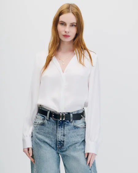 Blusa De Satín Blanca Cuello Mao Escote V