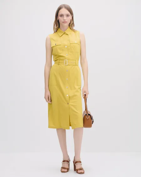 Vestido Camisero Línea A Amarillo Aceite Con Banda