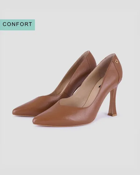 Zapatilla Pump De Piel Caramelo Tacón Acampanado