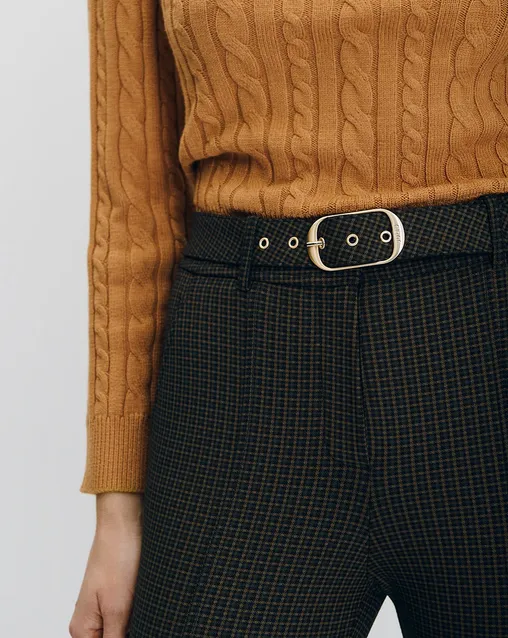 Leggings Tiro Alto A Cuadros Cafe Con Cinturón