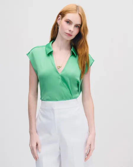 Blusa De Satín Envolvente Verde Cuello Camisero