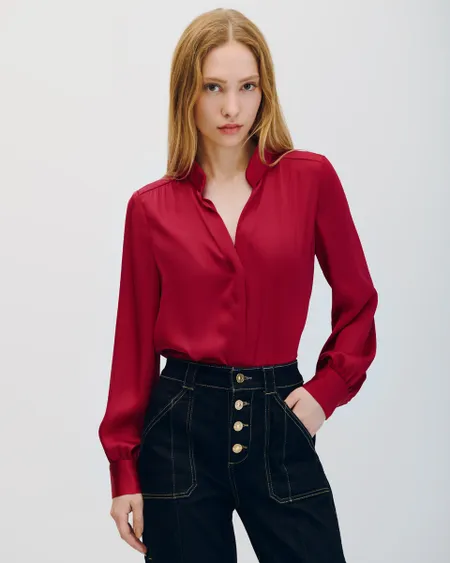 Blusa De Satín Fucsia Cuello Mao Escote V