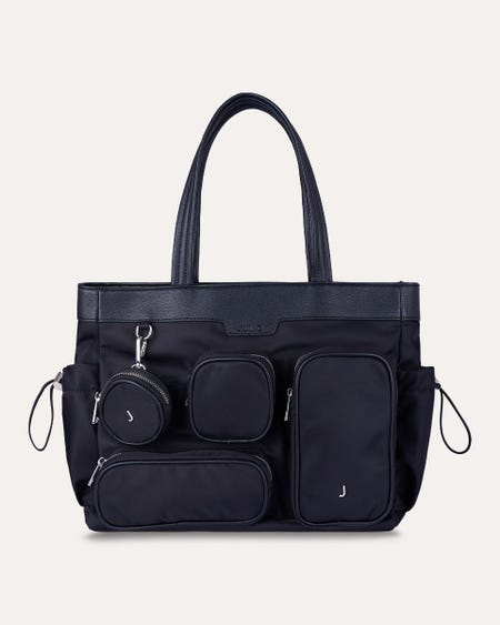 Bolsa Tote Negra De Nylon En Combinación Multibolsillos