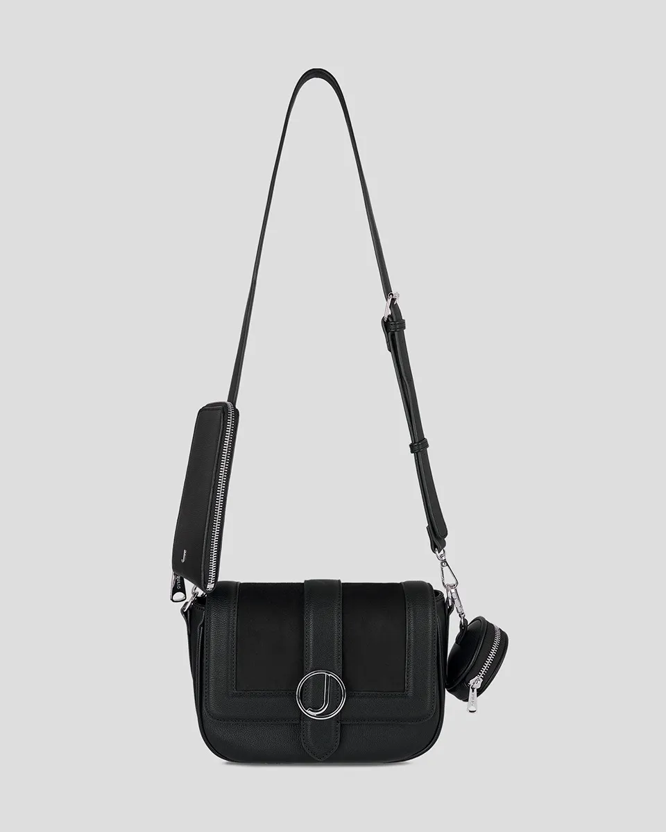Bolsa Flap Negra Combinación Ante Monedero Y Porta Celular 