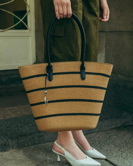 Bolsa Tote De Rafia A Rayas En Contraste
