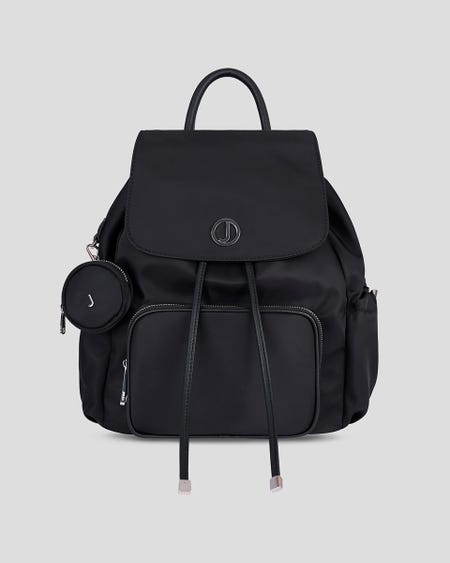 Mochila Negra De Nylon Multibolsillos Monedero Desprendible