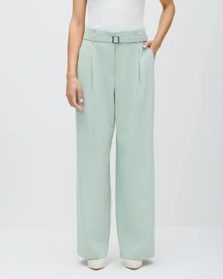 Pantalón Palazzo Tiro Alto Verde Pistache Doble Trabilla Con Cinturón