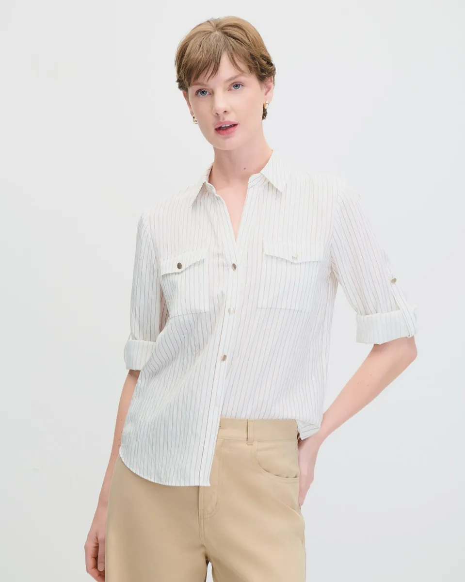 Camisa A Rayas Canela Efecto Corrugado Con Charreteras 