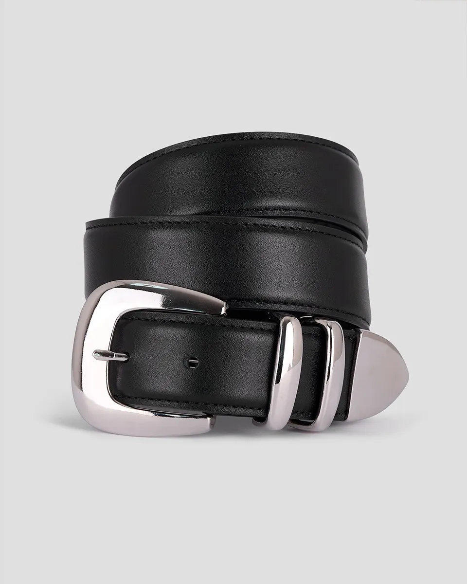 Cinturón De Piel Negro  Hebilla Cuadrada Doble Trabilla Puntera Metálica 