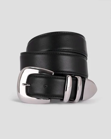 Cinturón De Piel Negro Hebilla Cuadrada Doble Trabilla Puntera Metálica