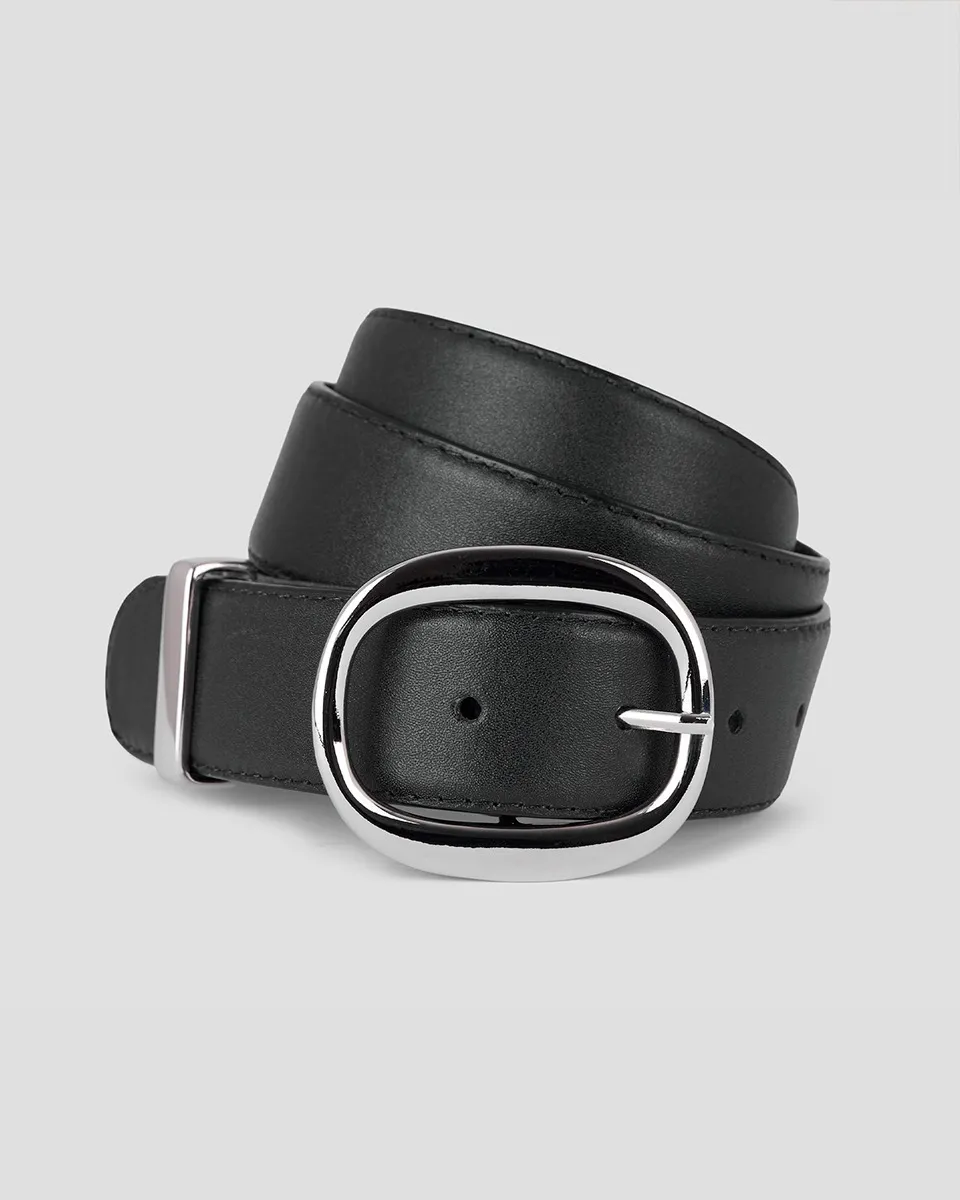 Cinturón De Piel Negro Hebilla Ovalada 