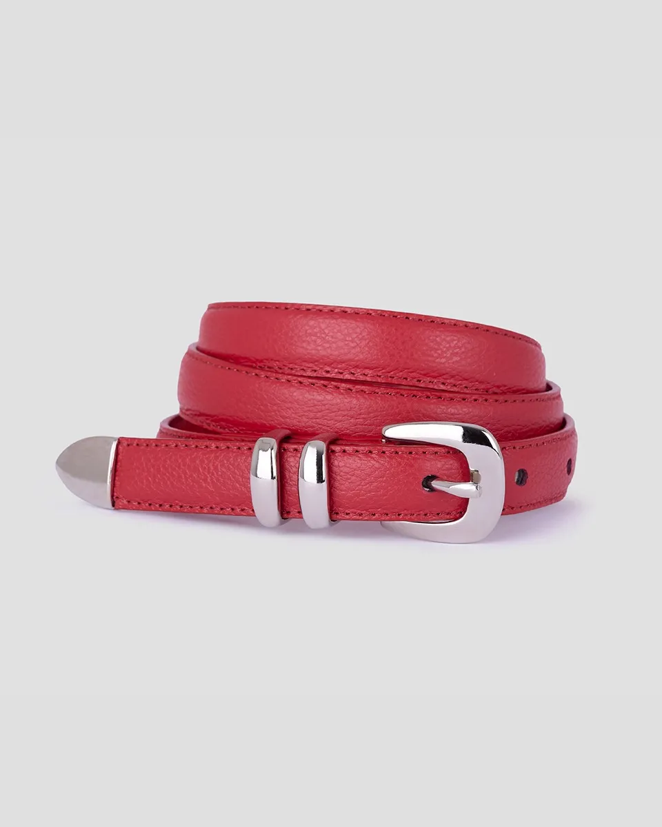Cinturón De Piel Rojo Doble Trabilla Puntera Metálica 