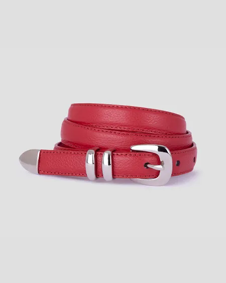 Cinturón De Piel Rojo Doble Trabilla Puntera Metálica