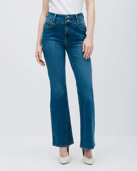 Jeans Acampanados Tiro Alto Azul Medio Efecto Moldeador De Silueta