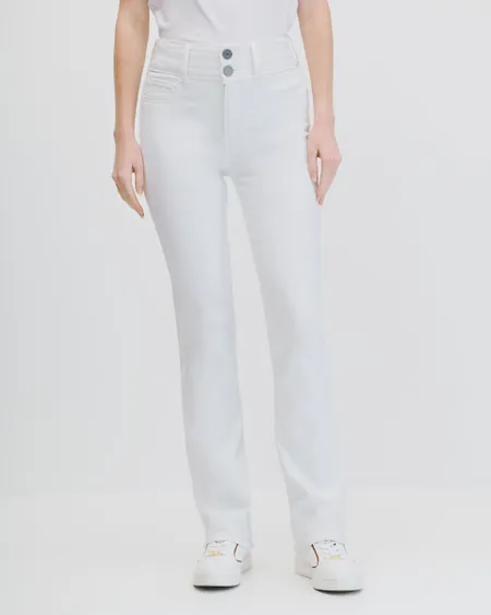 Jeans Acampanados Tiro Medio Doble Pretina Blancos