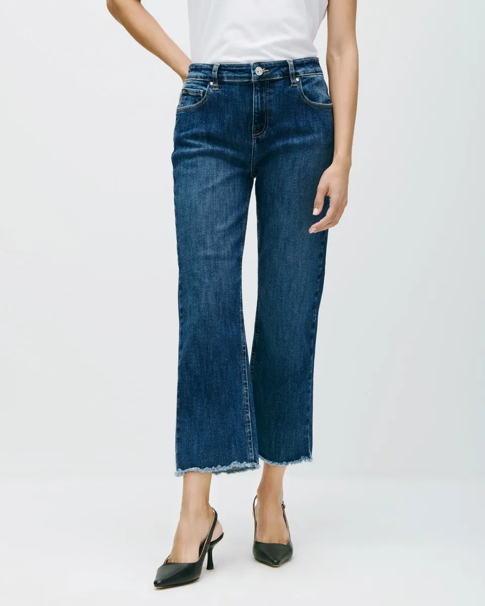 Jeans Rectos Tiro Medio Azul Medio Ruedo Deshilado 
