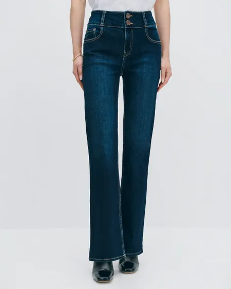 Jeans Acampanados Tiro Alto Pretina Ancha Índigo