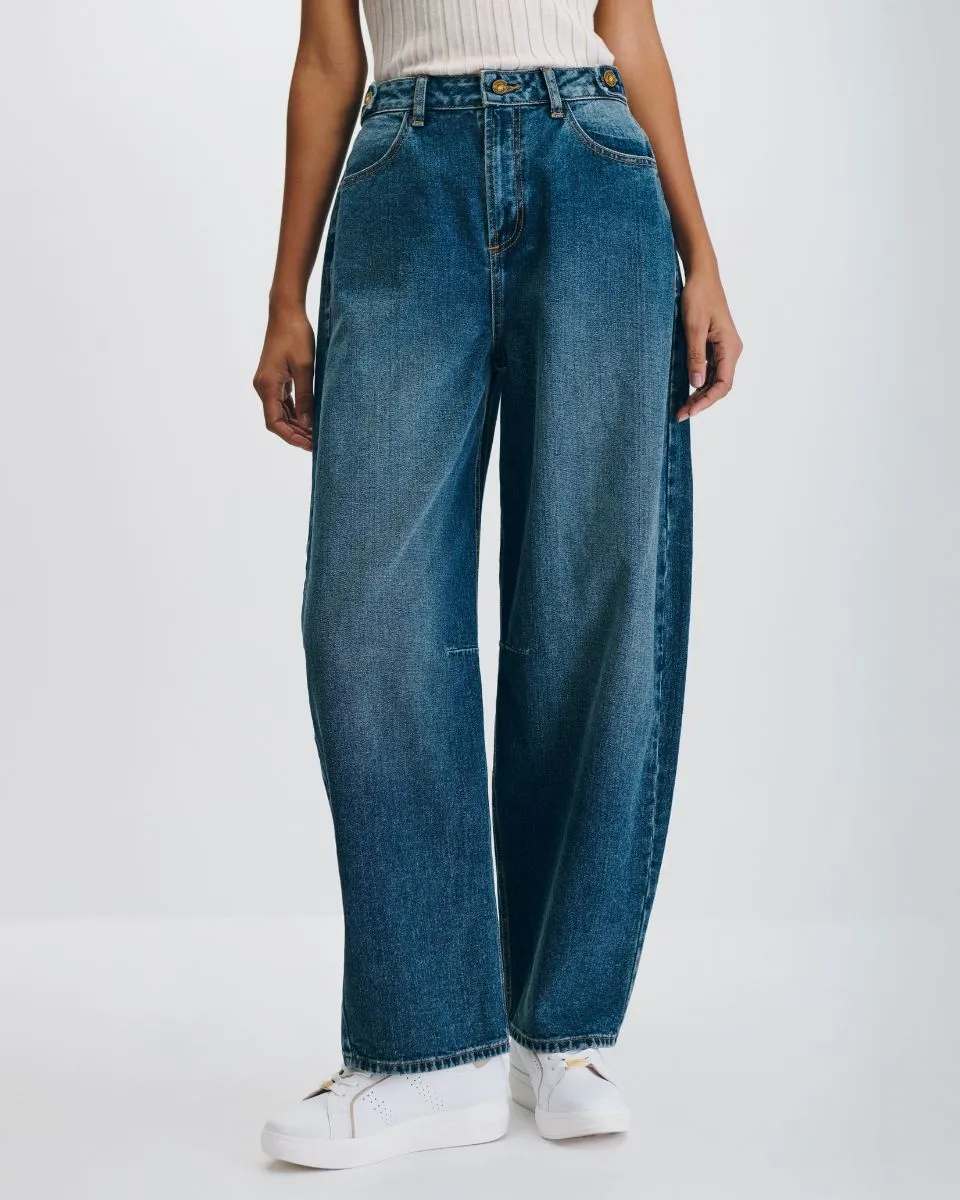 Jeans Balloon Tiro Alto Azul Medio Con Charreteras 