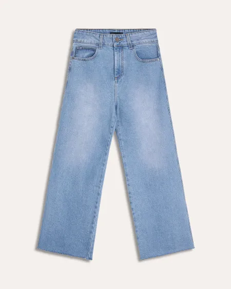 Jeans Wide Leg Tiro Alto Azul Claro Deshilado