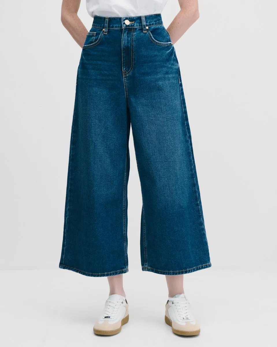 Jeans Culotte Tiro Alto Azul Medio Deslavado 