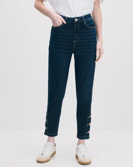 Jeans Skinny Tiro Alto Azul Oscuro Botones En Ruedo