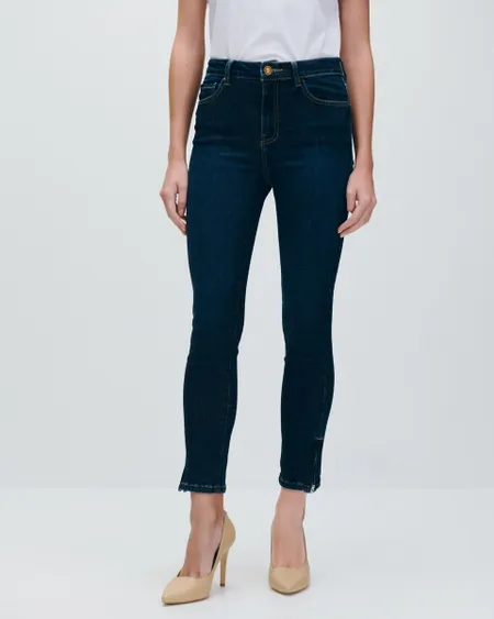 Jeans Skinny Tiro Alto Azul Oscuro Cierre En Ruedo
