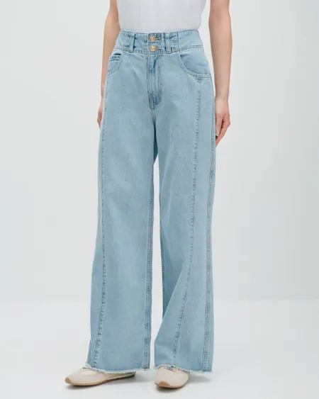 Jeans Wide Leg Tiro Alto Azul Oscuro Doble Pretina Deshilado