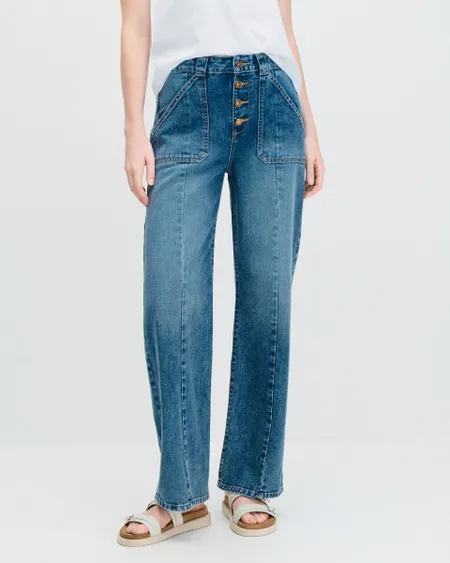 Jeans Wide Leg Tiro Alto Azul Medio Botones Y Maxibolsillos
