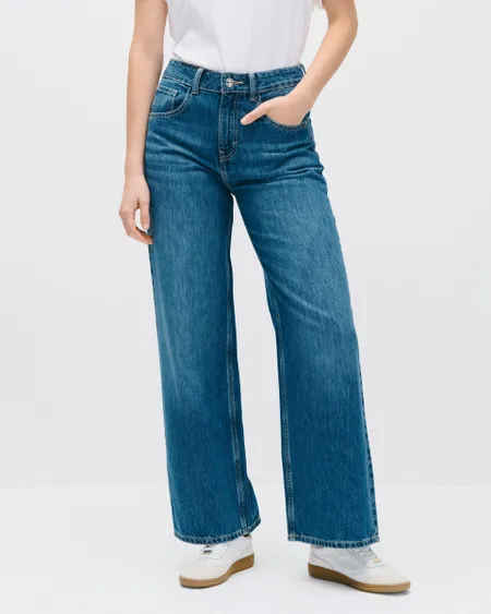 Jeans Wide Leg Tiro Alto Azul Medio Deslavado