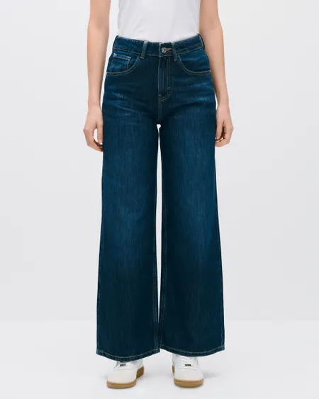 Jeans Wide Leg Tiro Alto Azul Oscuro Deslavado