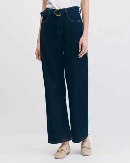 Jeans Wide Leg Tiro Alto Índigo Con Banda