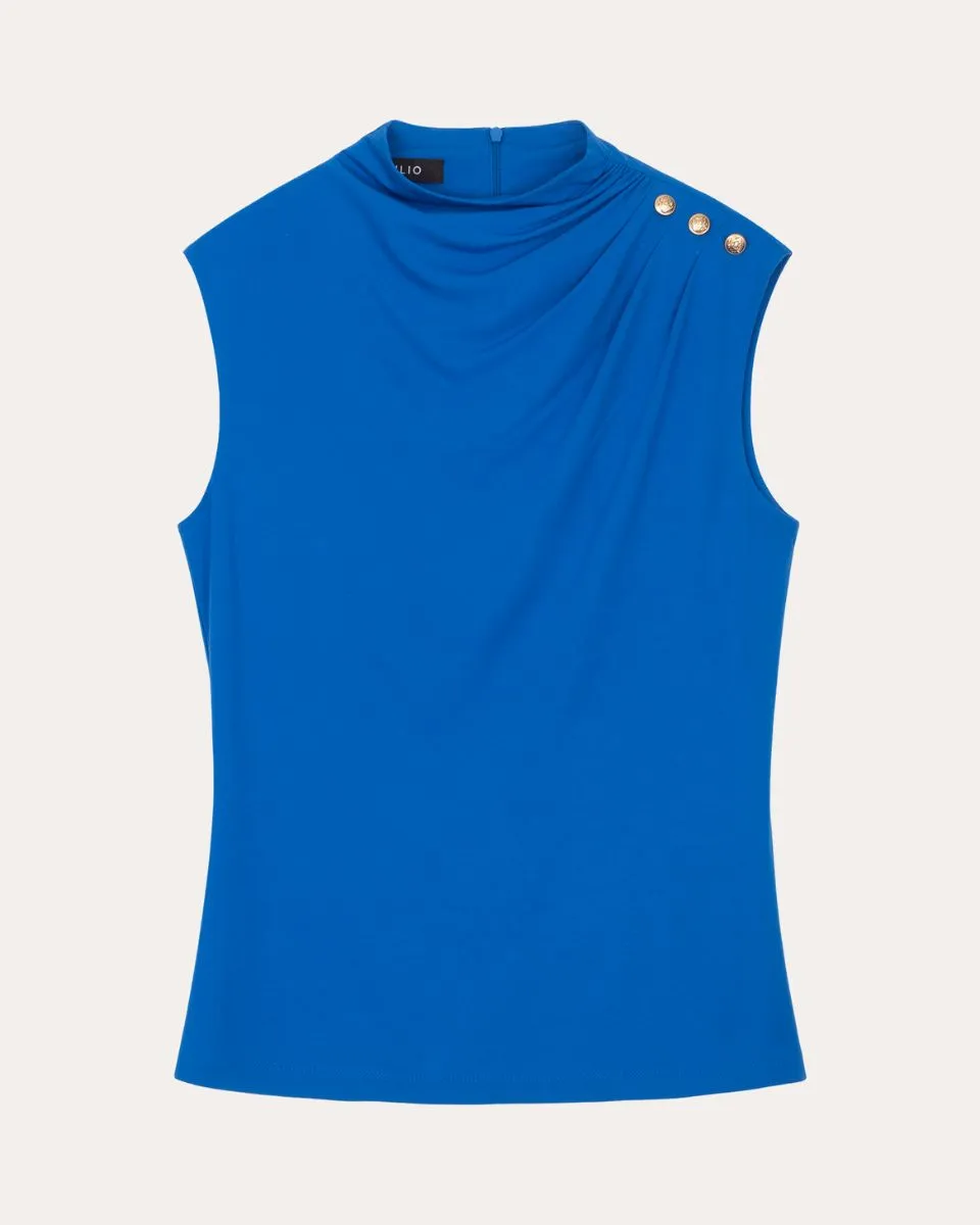 Blusa Azul Francia De Punto Cuello Alto Drapeado 