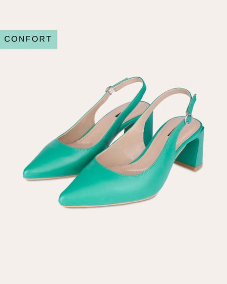 Zapatos Slingback De Piel Verde Tacón Cuadrado