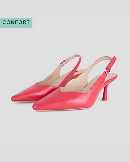 Zapatilla De Piel Slingback Roja Tacón Acampanado