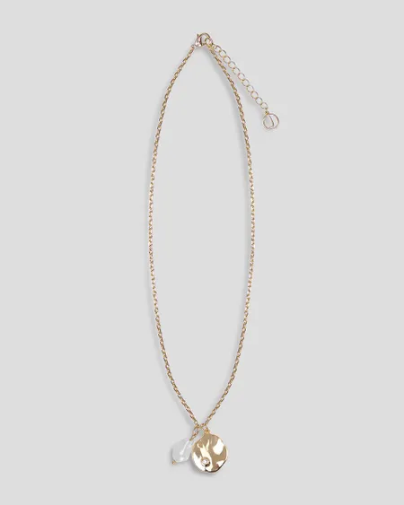 Collar Matiné Baño De Oro Dije Martillado Con Cristal Perla Irregular