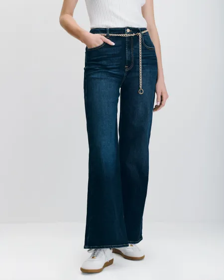 Jeans Flare Tiro Alto Índigo Con Cadena