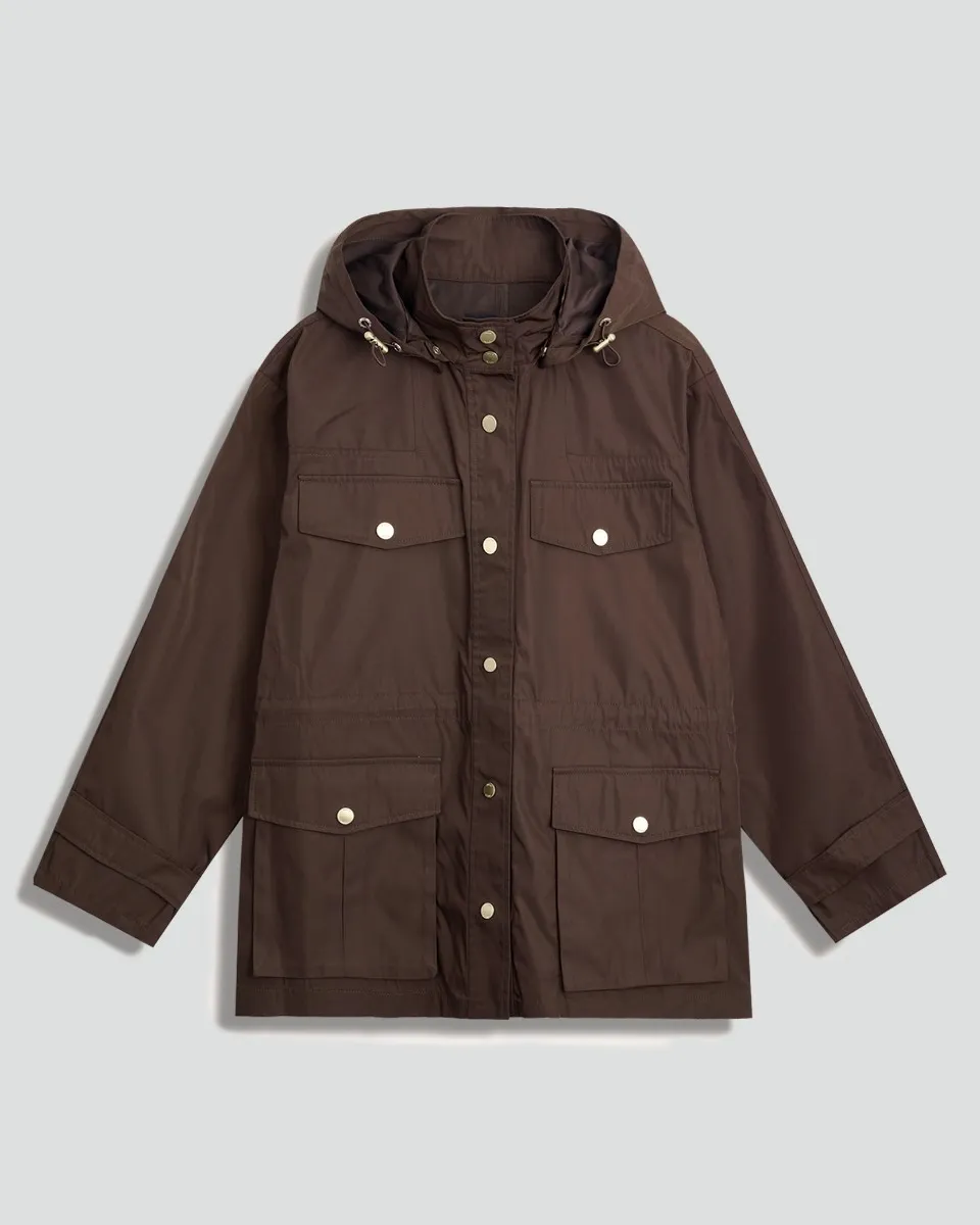 Chamarra Parka Larga Chocolate Capucha Desmontable Y Charreteras 